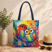 Colorful Owl Tote Bag Folk Art Canvas Tote Cute Bird Bag Vibrant Boho Market Bag Gift for Nature Lov