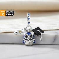 925 Sterling Silver Wise Owl Graduation Charm &mdash; Diploma & Mortarboard Triple Dangle