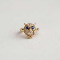 14K Gold Blue Eyes Owl Ring, Blue Sapphire & White Round Diamond Bird Ring, Owl Lover Gift, Natu