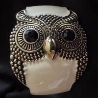 Wide Owl Hinged Cuff Bracelet Silver Tone Enamel Black Eyes 2&rdquo; Statement B031