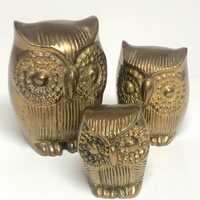 Vintage Set of 3 Solid Brass Owls MCM Paperweights Marco Polo Imports Taiwan