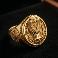 Sterling Silver Owl Skull Ring, Gothic Masonic Signet, 14K Gold Plated Gift