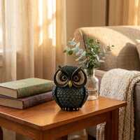 Ornate Resin Owl Figurine with Gold Eyes, Vintage European Style Owl Statue, Dark Home Shelf Decor, 