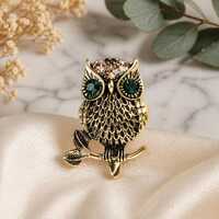 Vintage Style Owl Brooch, Gold Tone Owl Brooch Green Rhinestone Eyes, Vintage Style Jewelry, Stateme