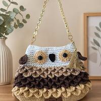 Crochet Owl Bag Handmade Boho Shoulder Purse Knit Handbag Chain Strap