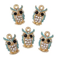 2 breloques HIBOU, strass noirs + transparents / émail bleu s/doré, 15x9mm - 2 gold OW