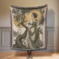 Goddess Athena 100% Cotton Woven Blanket, Mythology Owl Cozy Throw, Ancient Wisdom Tapestry, Fantasy