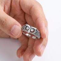 Owl Ring Silver Crystal Eye Adjustable Boho Stainless Steel Women Gift