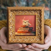 Owl With Coffee Small Original Oil Painting, Framed Wall Art, Hand Painted Canvas, Kitchen Wall Art,