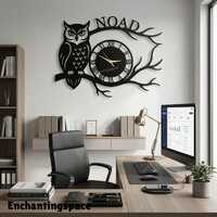 Personalized Owl Bird Metal Clock, Modern Workspace Decor, Black Steel Art Gift