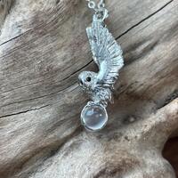 Solid silver small owl on moonstone pendant