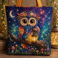 Quilted Tote Bag Fantasy Owl Lantern, Boho Owl Flower Crown Bag, Colorful Patchwork Tote, Galaxy Nig