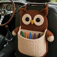 Crochet Owl Car Organizer Pattern PDF, Amigurumi Car Seat Storage Bag, Hanging Pocket, Cute Owl Hold