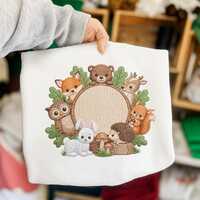 Woodland Animals Frame, Fox Bear Deer Owl Bunny Circle Frame Embroidery Design, Instant Download Dst