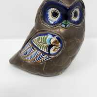 Vintage Tonala Brass & Porcelain Owl Figurine Blue White 70's Folk Art Sergio Bustamante lik
