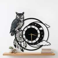 Owl Dreamcatcher Metal Wall Clock, Moon Wall Art, Mystic Home Decor