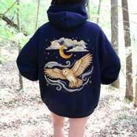 Retro Owl Stars Moon Hoodie, Witchy Owl Sweatshirt, Celestial Owl Hoodie, Pullover Or Zip Up Hoodie