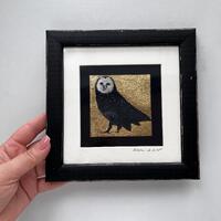 Owl Painting Night Owl Art Small Framed Artwork Starry Owl Acrylic Mini Art Gold Background Mystical