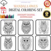 Mandala Owls Coloring Book, Whimsical Bird Art, Geometric Owl, Black Background (Digital Download)