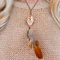 Sleepy Barn Owl Pendant with Feather | Handmade Boho Forest Spirit Necklace | Rustic Nature Inspired