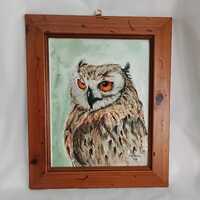 Vintage 1990s original watercolour painting of an owl, signed Dion Jenkins 1995 11.5"