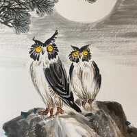 Korean Owl Painting, Hand Painted Moon & Pine Tree Art, Korean Calligraphy Artwork, Asian Wall D