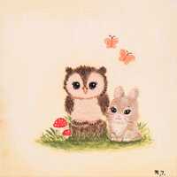 Cute Owl and Bunny Painting, Woodland Nursery Art, Original Animal Painting, Kids Room Decor, Forest