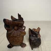 VTG Wood Carved Owl Figurine - Miniature Wooden Owls x 2 - Balinese wooden art
