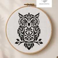 Owl Cross Stitch Pattern, Black and White Embroidery PDF, Minimalist Animal Pattern, Modern Folk Art