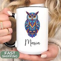 Owl Mug Personalized Artistic Owl Coffee Cup, Owl Lover Gift, Beaded Bird Mug, Custom Name Mug