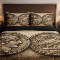 Ancient Greek Athena Coin Duvet Cover Set Athenian Owl Numismatic Art Bedding Mythology Goddess Home