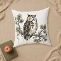 Owl And Pine Gift Pillow, Forest Owl Throw Pillow, Watercolor Sleeping Owl Cushion, Forest Cottageco