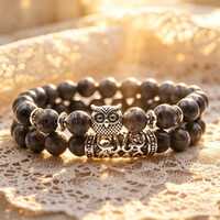 Black Obsidian Owl Charm Double Wrap Stretch Bracelet, 18.5-19cm