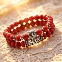 Red Turquoise Owl Charm Double Wrap Stretch Bracelet, 18.5-19cm