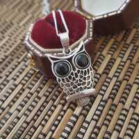 925 Sterling Silver Necklace, Owl Pendant Genuine Black Onyx Eyes, 18" Chain