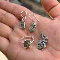 Sterling Silver Owl Jewelry Set, Earrings Necklace Ring,