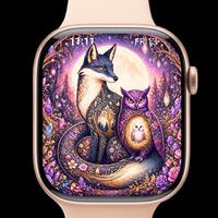 Moonlight Fox and Owl Apple Watch Wallpaper, Enchanted Forest Animals, Glowing Fantasy Nature, AMOLE