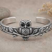Sterling Silver Owl Cuff Bangle, Black Eye Gothic Boho Jewelry