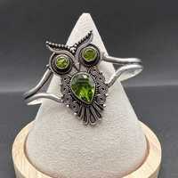 Owl Cuff Bracelet Peridot Green Silver Tone Bird Boho Vintage Inspired Untested