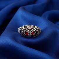 Gothic Owl Eye Signet Ring: Antique Silver Red Gemstone