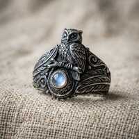 Gothic Owl Ring, Silver Owl Ring with Moonstone Color Stone, Feather Band and Moonlit Forest Design