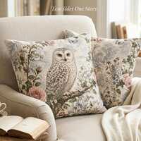 Owl Lover Pillow Cover, Vintage Toile Floral Cushion, Cottagecore Owl Decor, Double Sided Botanical 