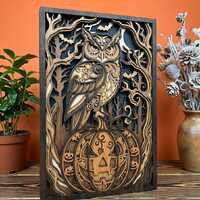 MA12 Halloween Owl Layered Wood SVG, Pumpkin Owl Laser Cut File, Gothic Forest Wall Art, Glowforge C