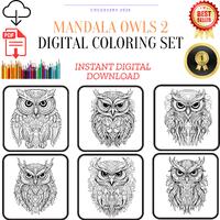Mandala Owls Coloring Pages, Whimsical Night Bird Art, Black Background (Digital Download)