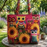 Colorful Owl Sunflower Quilted Tote Bag, Floral Patchwork Shoulder Bag, Boho Handmade Tote Purse, Gi