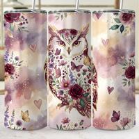Floral Owl Tumbler Wrap PNG, 20oz Skinny Sublimation Design, Watercolor Boho Gold Effect Owl Digital