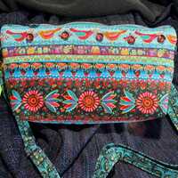 Birds and Owls Blue Folkloric velvet and ribbon cross body zippered bag 012