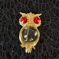 Large Owl Brooch, Red Crystal Eyes & White Cabochon, Gold Tone Statement Pin