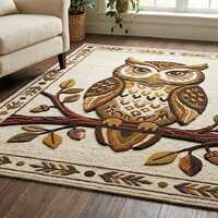 Vintage Owl Hand Tufted Rug, Rectangular Woodland Forestcore Wool Area Carpet