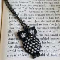 Vintage Rhinestone Owl Pendant Necklace — Antique Brass Tone — Crystal Studded Statement